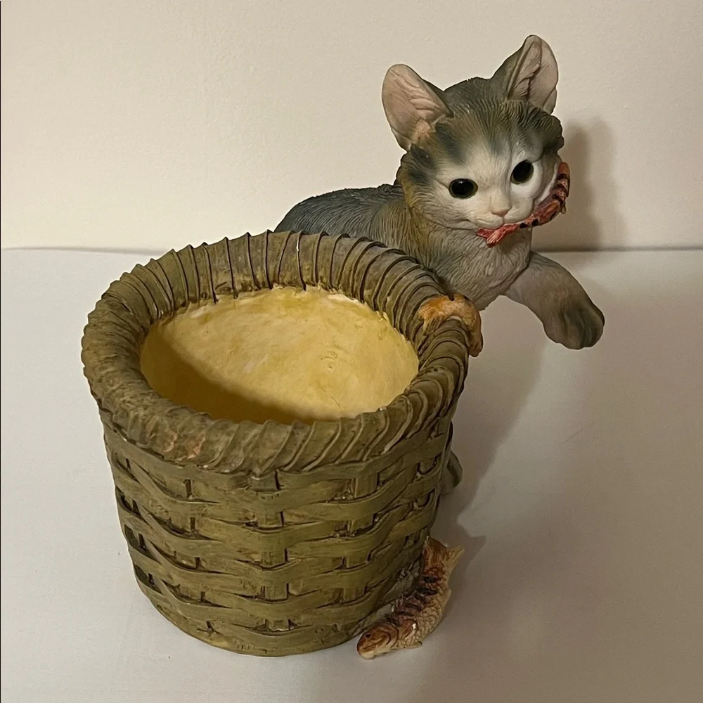Charming Cat and Basket Figurine - Brown and Tan. Can be used as a Planter.